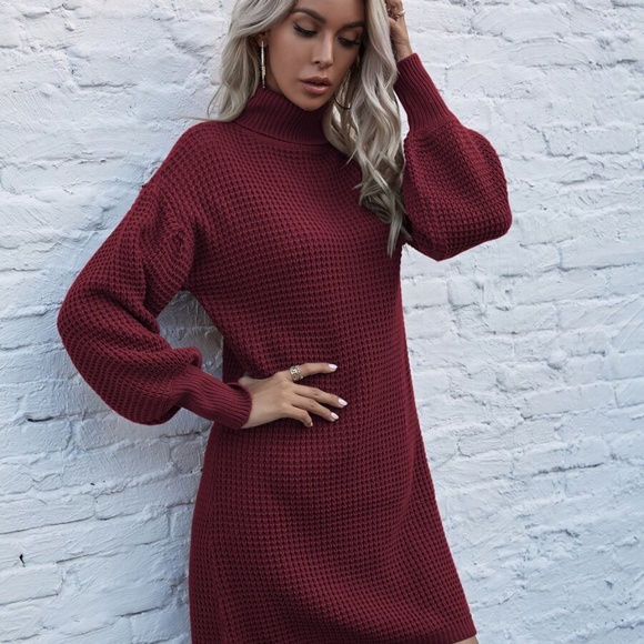 Red turtleneck lantern sleeve sweater Knit Dress - Picture 9 of 12